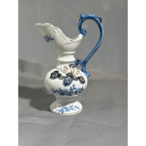 Vintage Lego Fine China Ewer, Floral Porcelain Blue White Gold Accents
